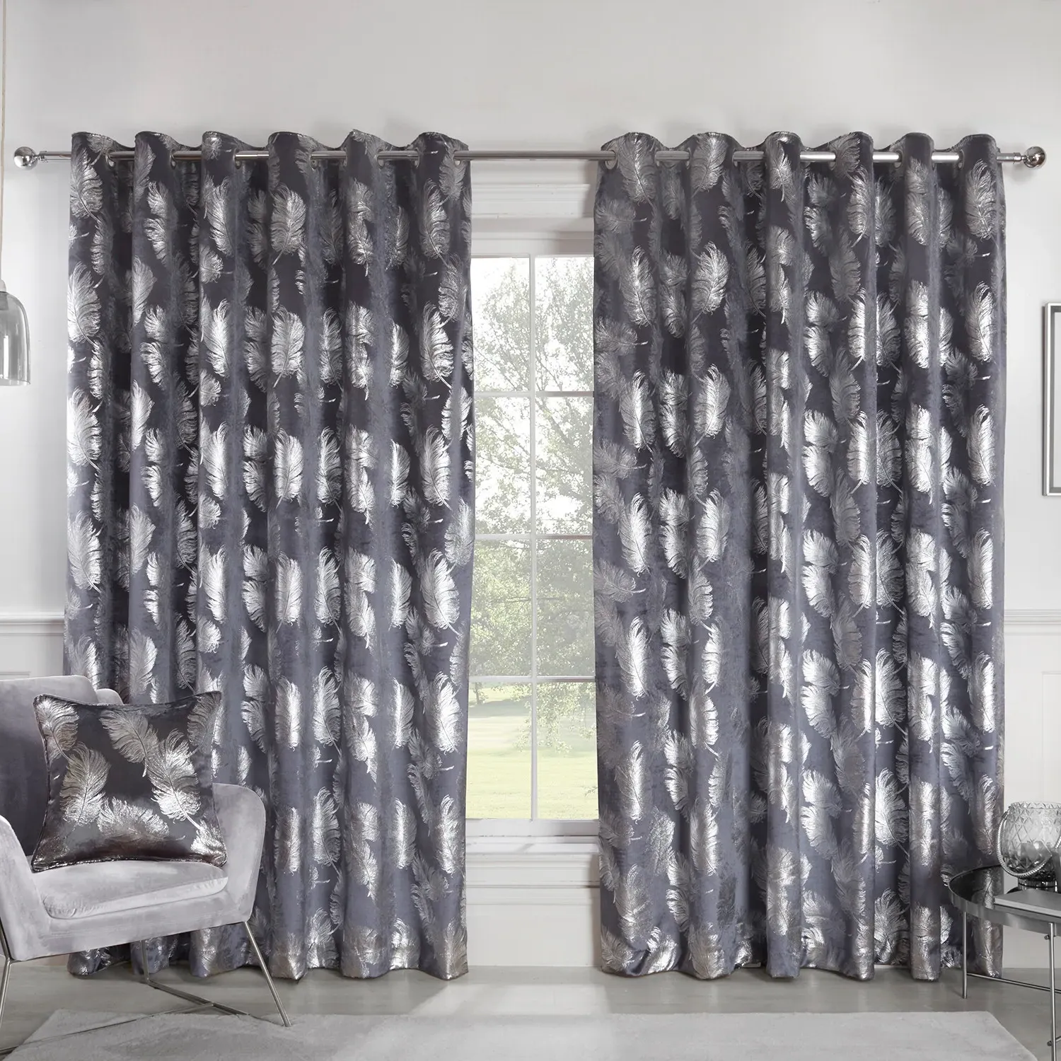 Plume Metallic Feather Curtains - Charcoal, Velvet