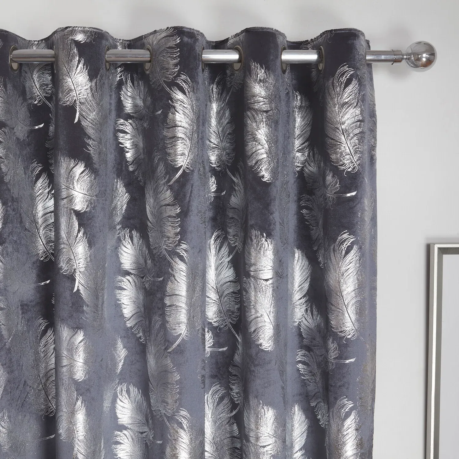 Plume Metallic Feather Eyelet Curtains - Charcoal, Velvet
