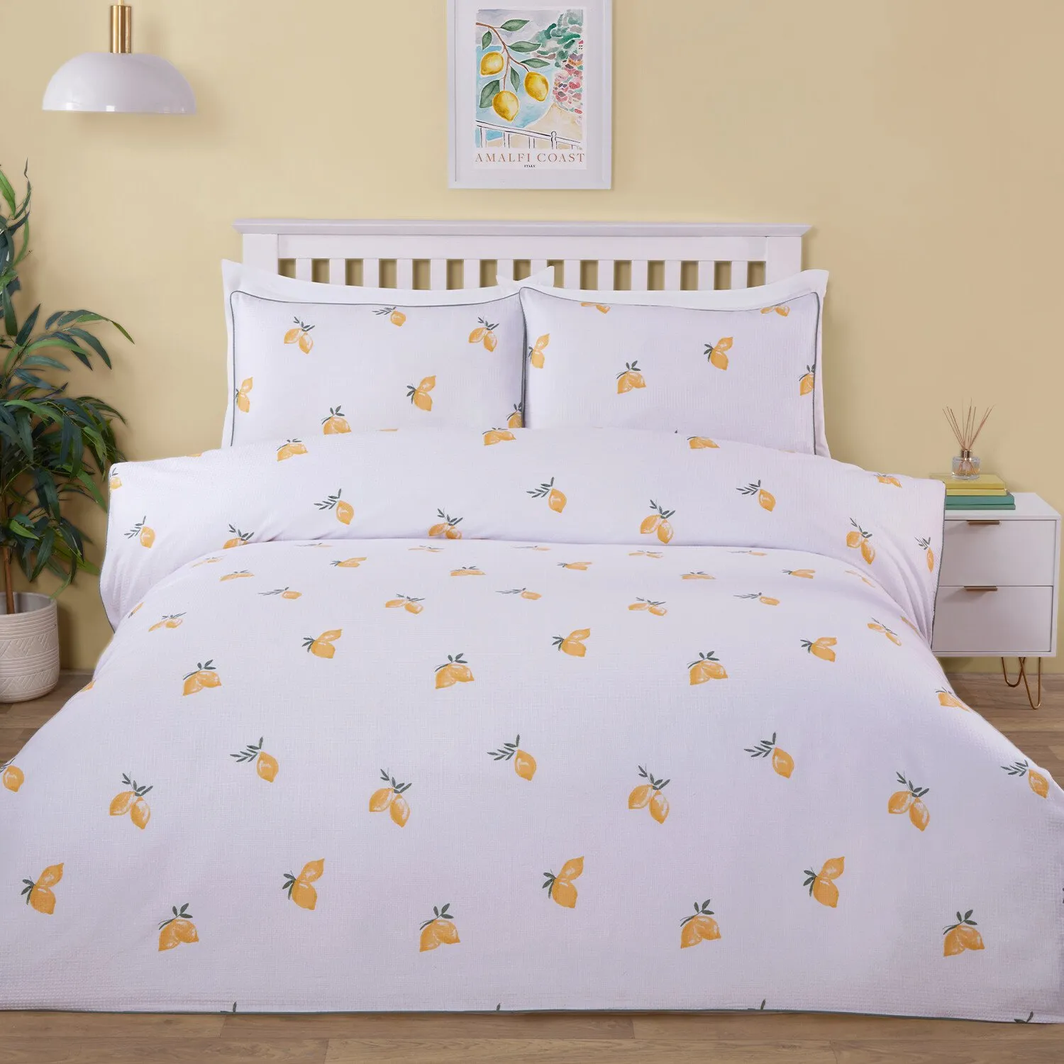 Positano King Size Waffle Duvet Set - White, Yellow