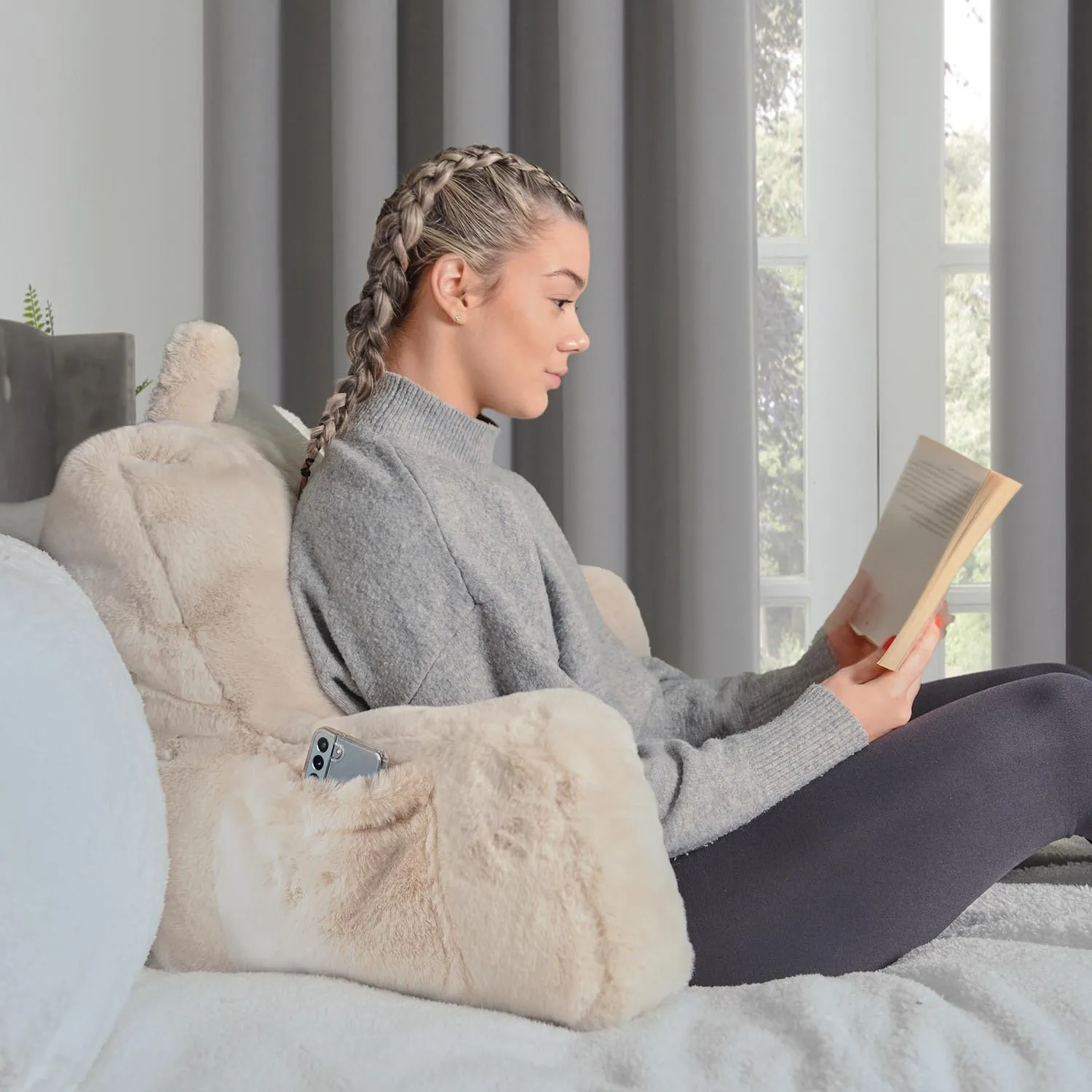 Rabbit Faux Fur Cuddle Chair with Side Pocket - Mink