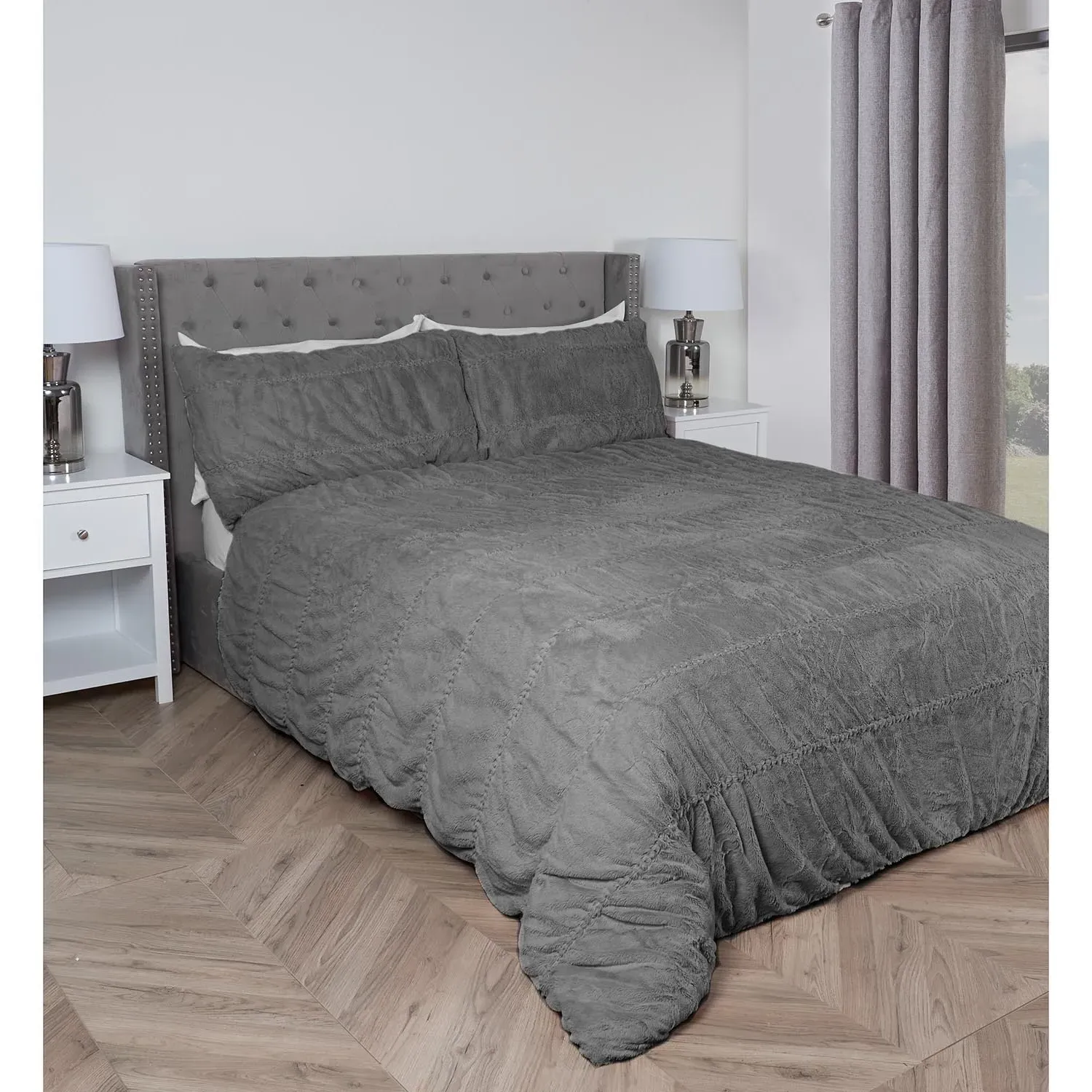 Ruched Faux Fur Double Duvet Set - Grey