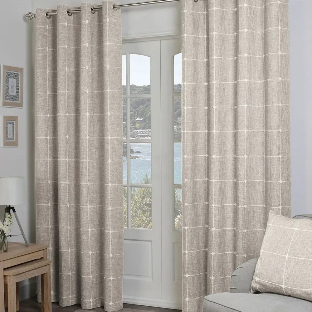 Salcombe Linen Check Eyelet Curtains - Natural