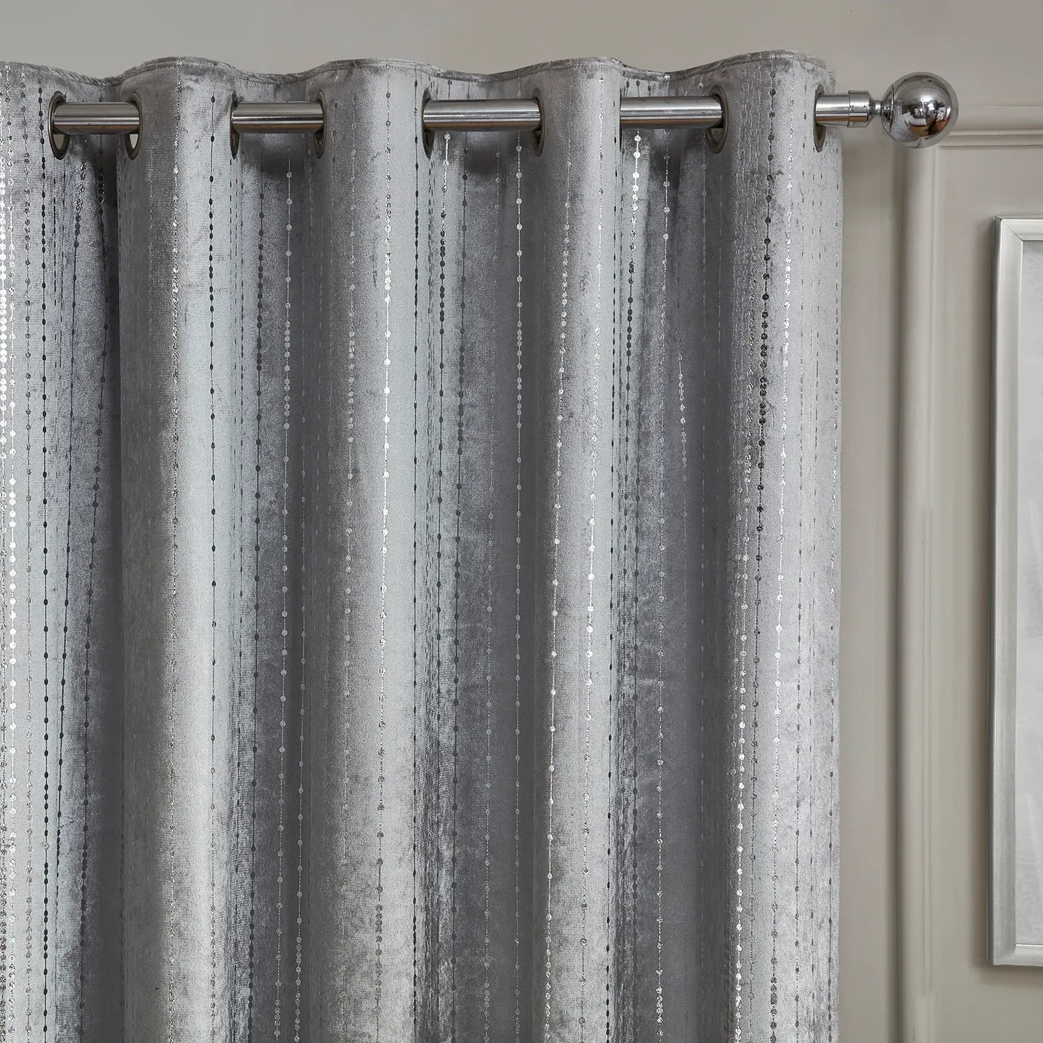 Selina Foil Dotty Stripe Eyelet Curtain - Silver, Velvet