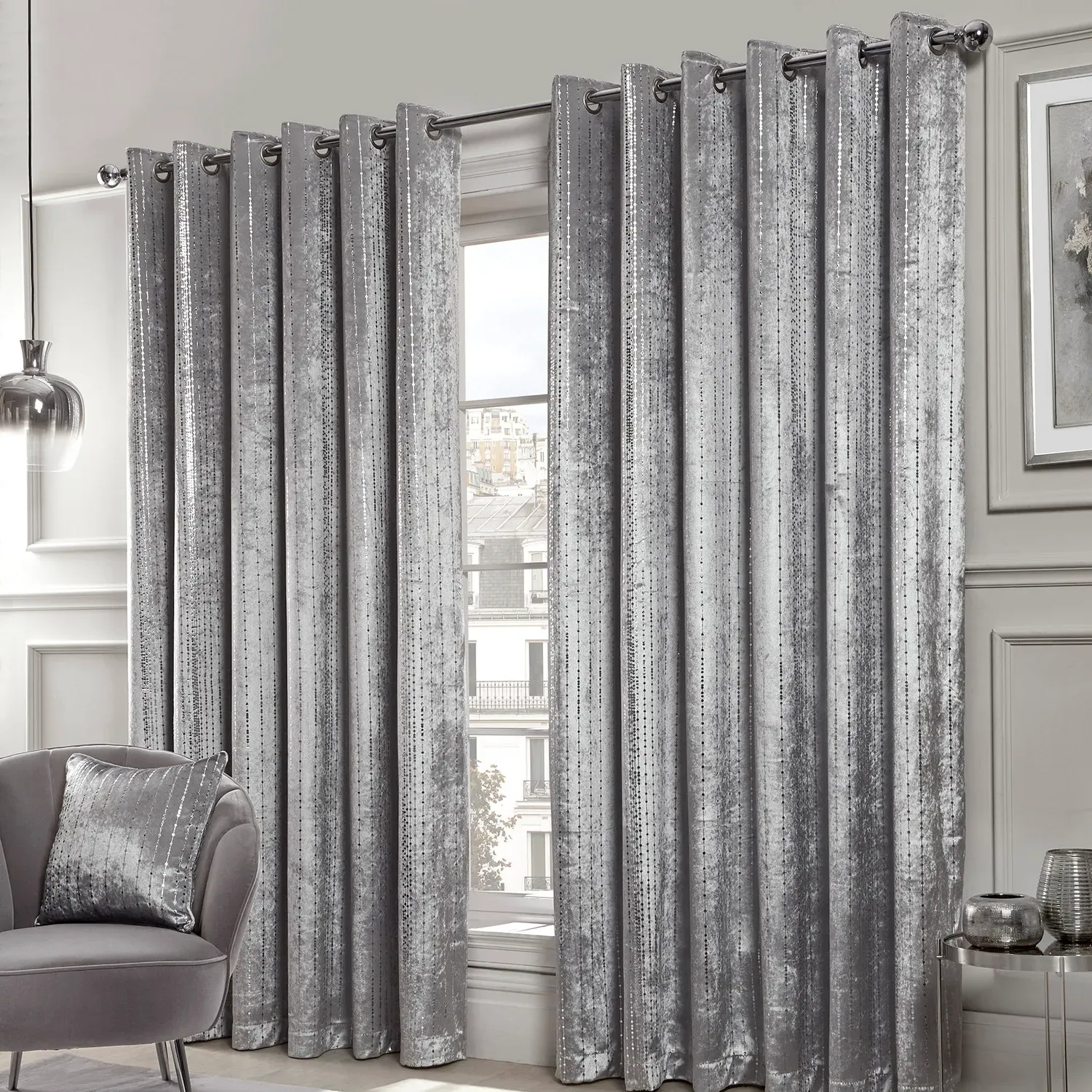 Selina Foil Dotty Stripe Eyelet Curtains - Silver, Velvet