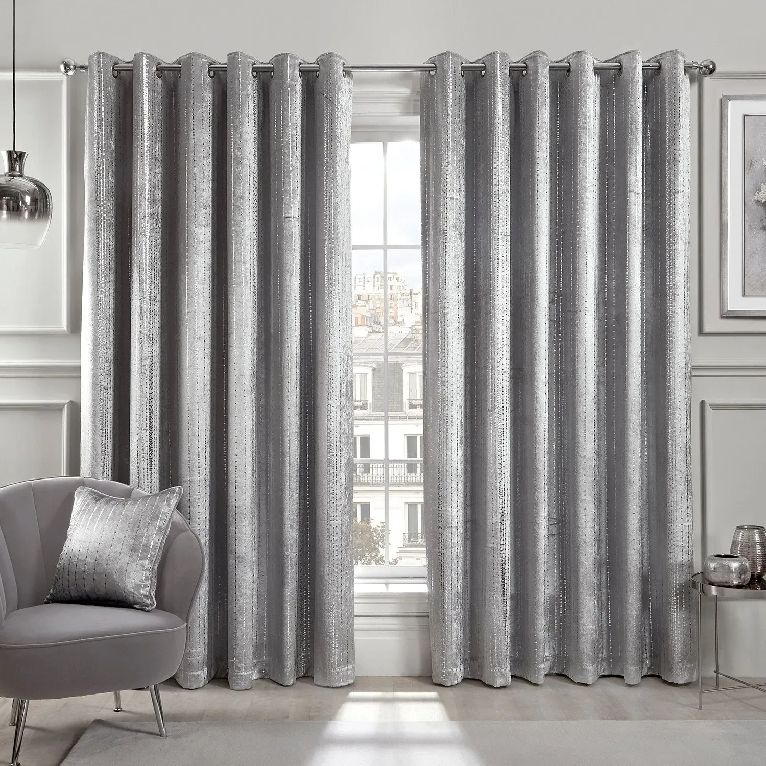 Selina Foil Dotty Stripe Eyelet Curtains - Silver, Velvet