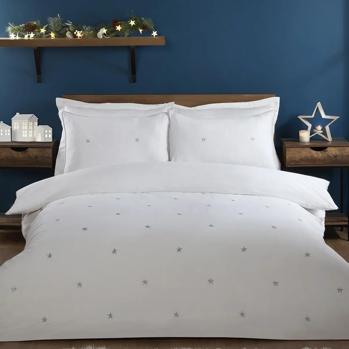 Stars Super King Duvet Cover and Pillowcase Set - White, Cotton