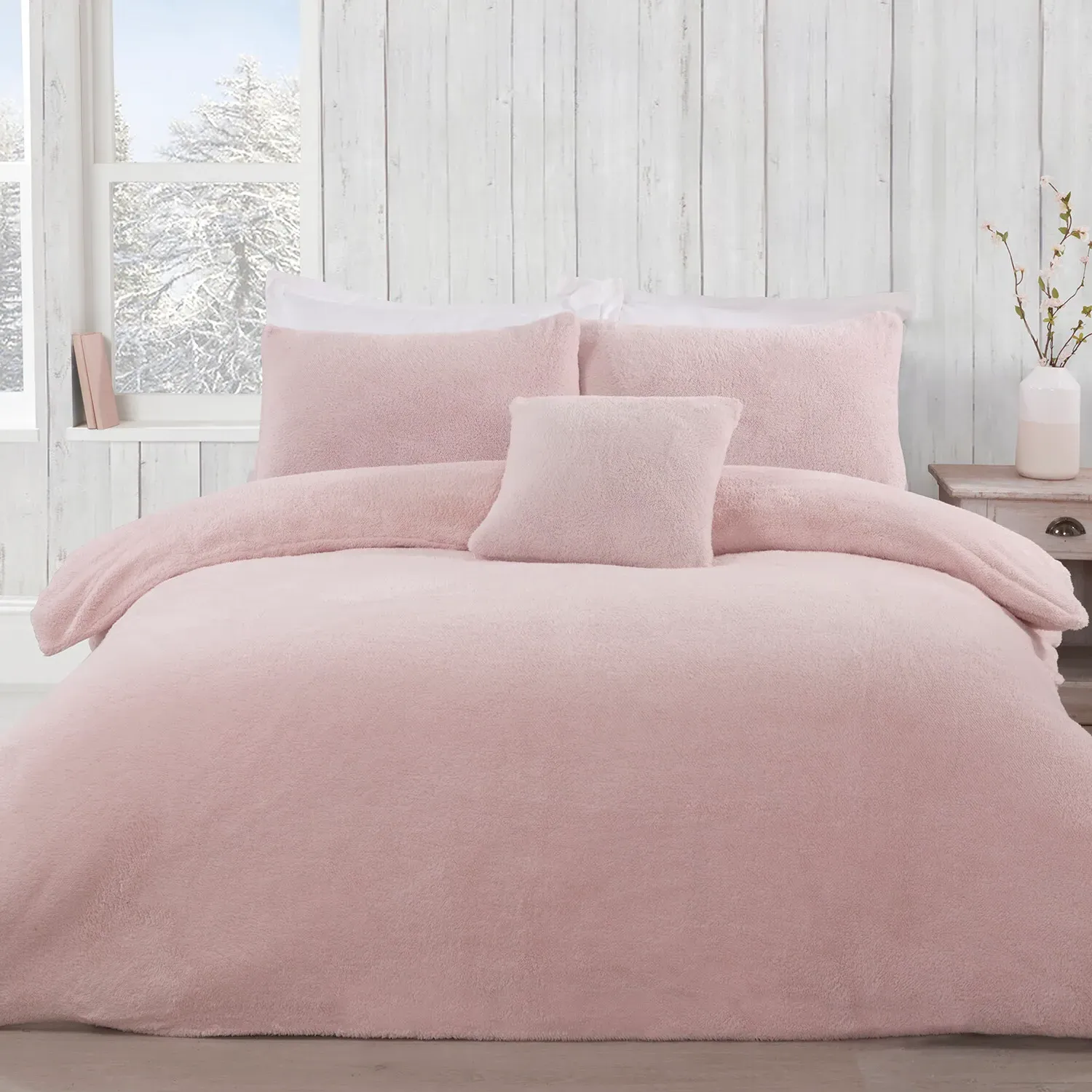 Teddy Fleece King Size Duvet Set - Blush