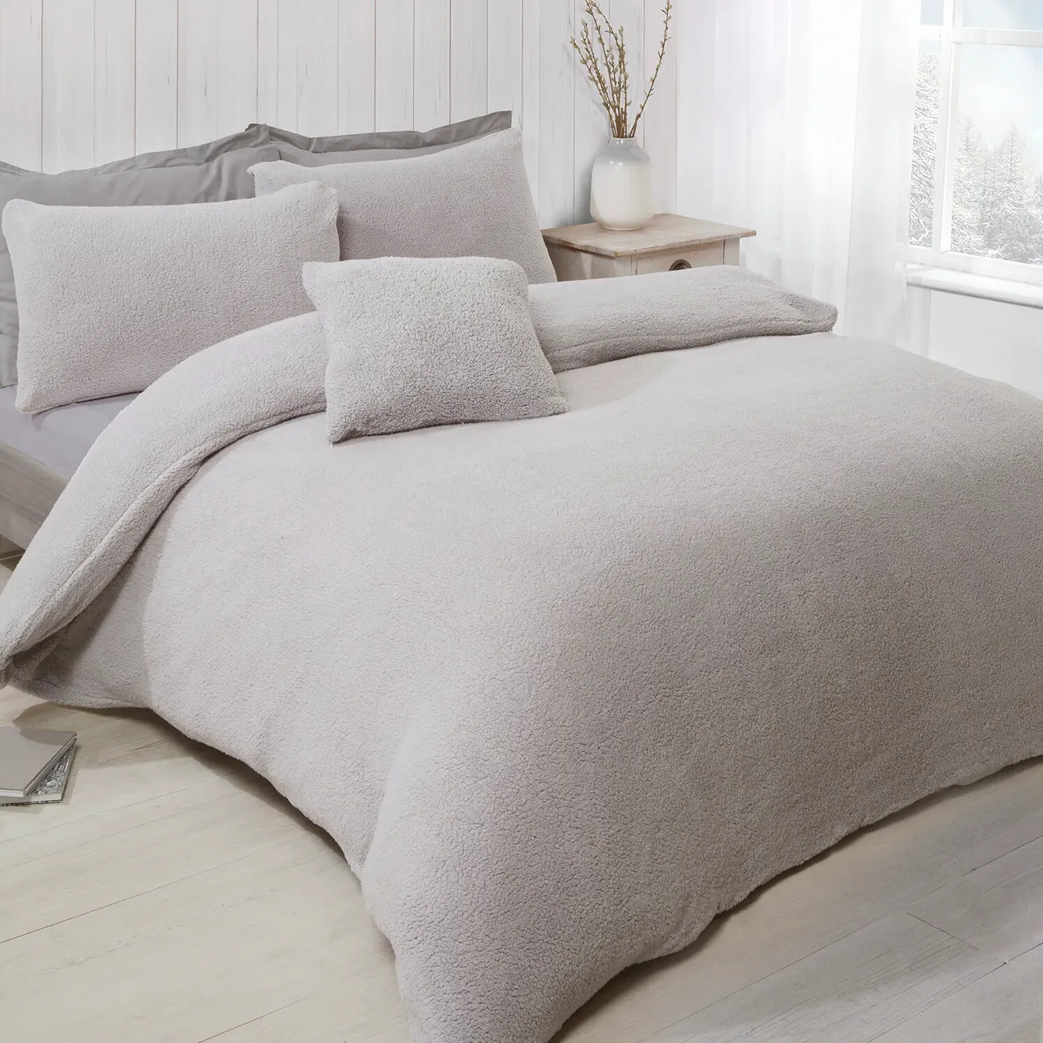 Teddy Fleece Single Duvet Set - Silver