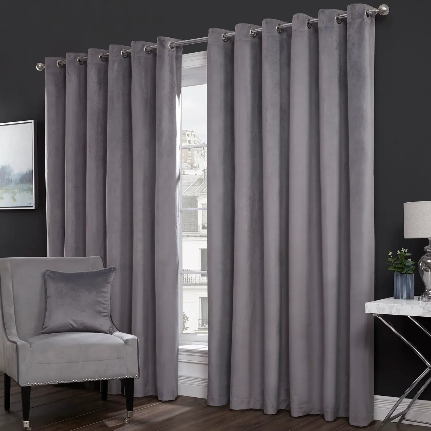 Vermont Velvet Blackout Curtain with Eyelet Header - Charcoal