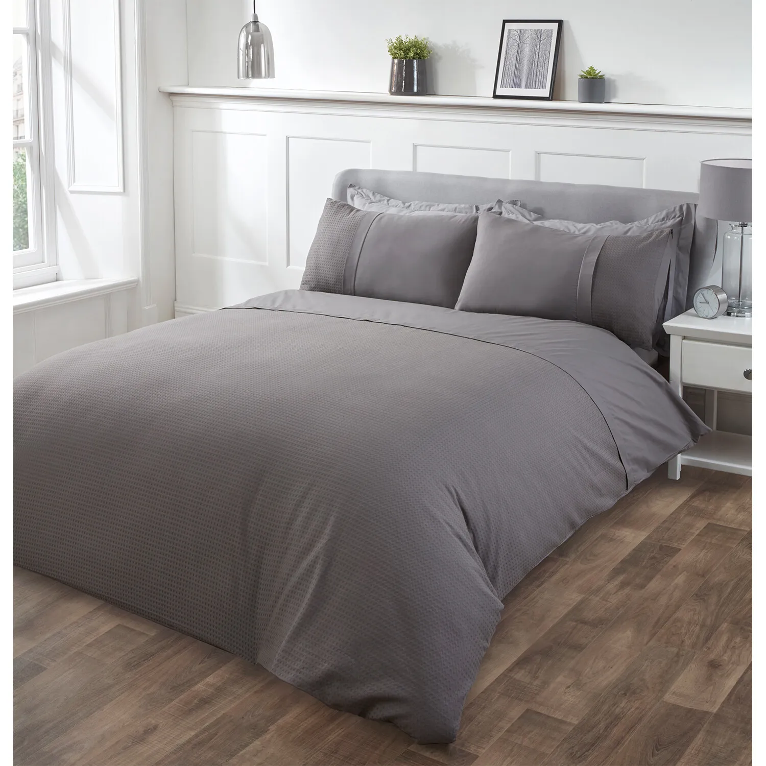 Waffle Duvet Cover and Pillowcase Set - Charcoal, Cotton