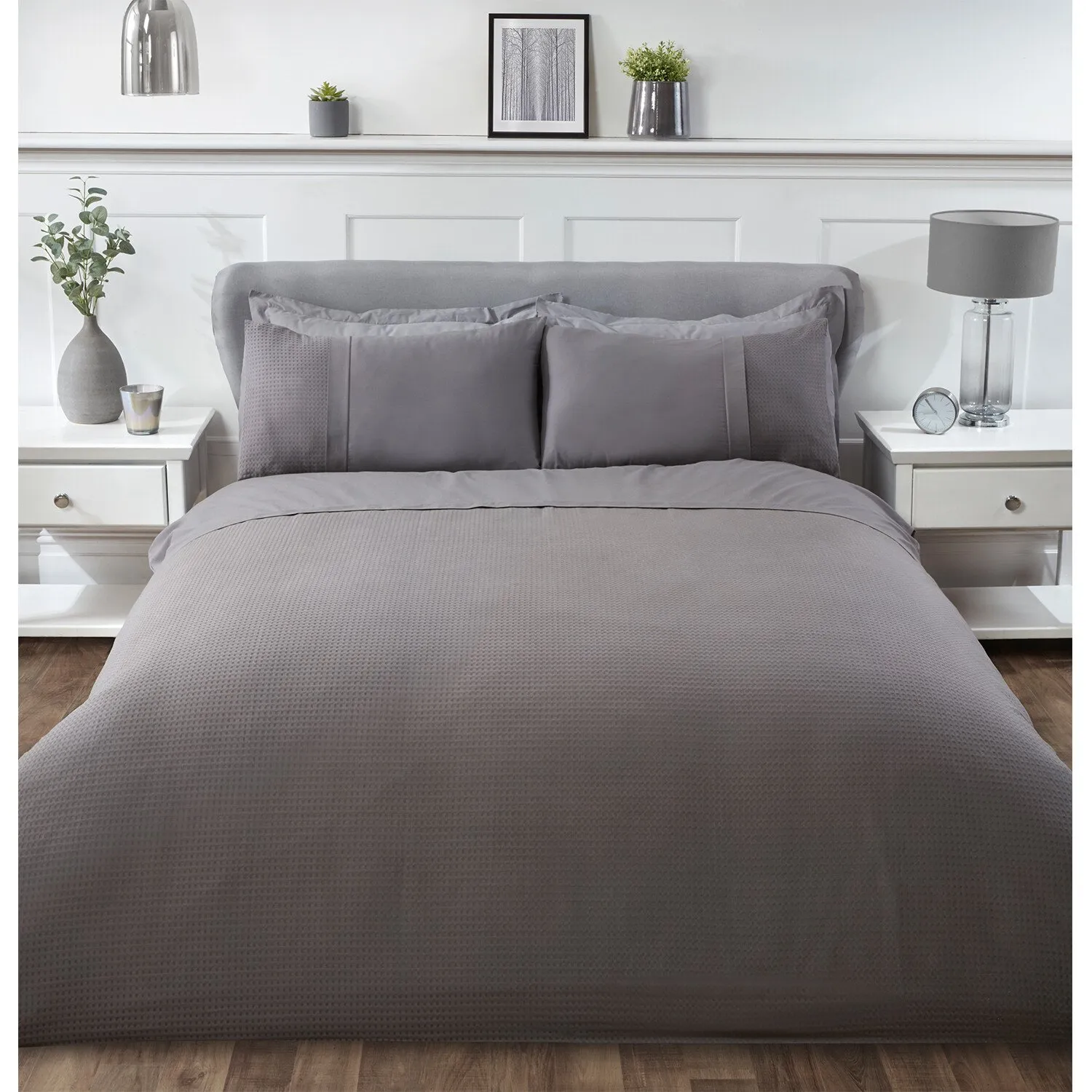 Waffle Duvet Cover and Pillowcase Set - Charcoal, Cotton image