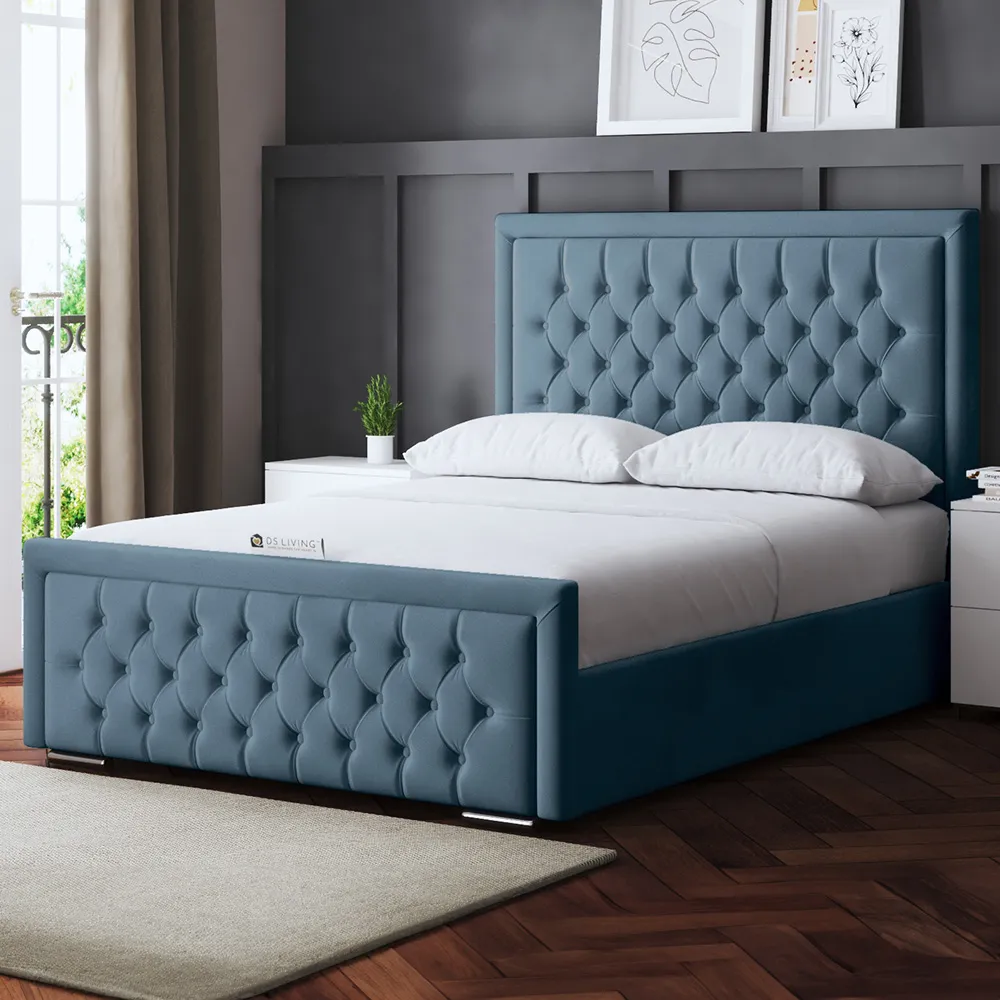 Allegra Small Double Upholstered Bed Frame with Headboard - Blue