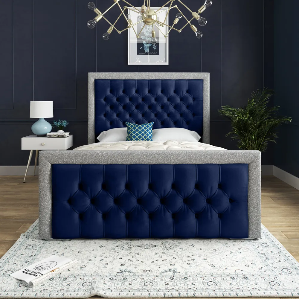 Cheltenham Double Bed Frame with Glitter Border - Blue, Velvet