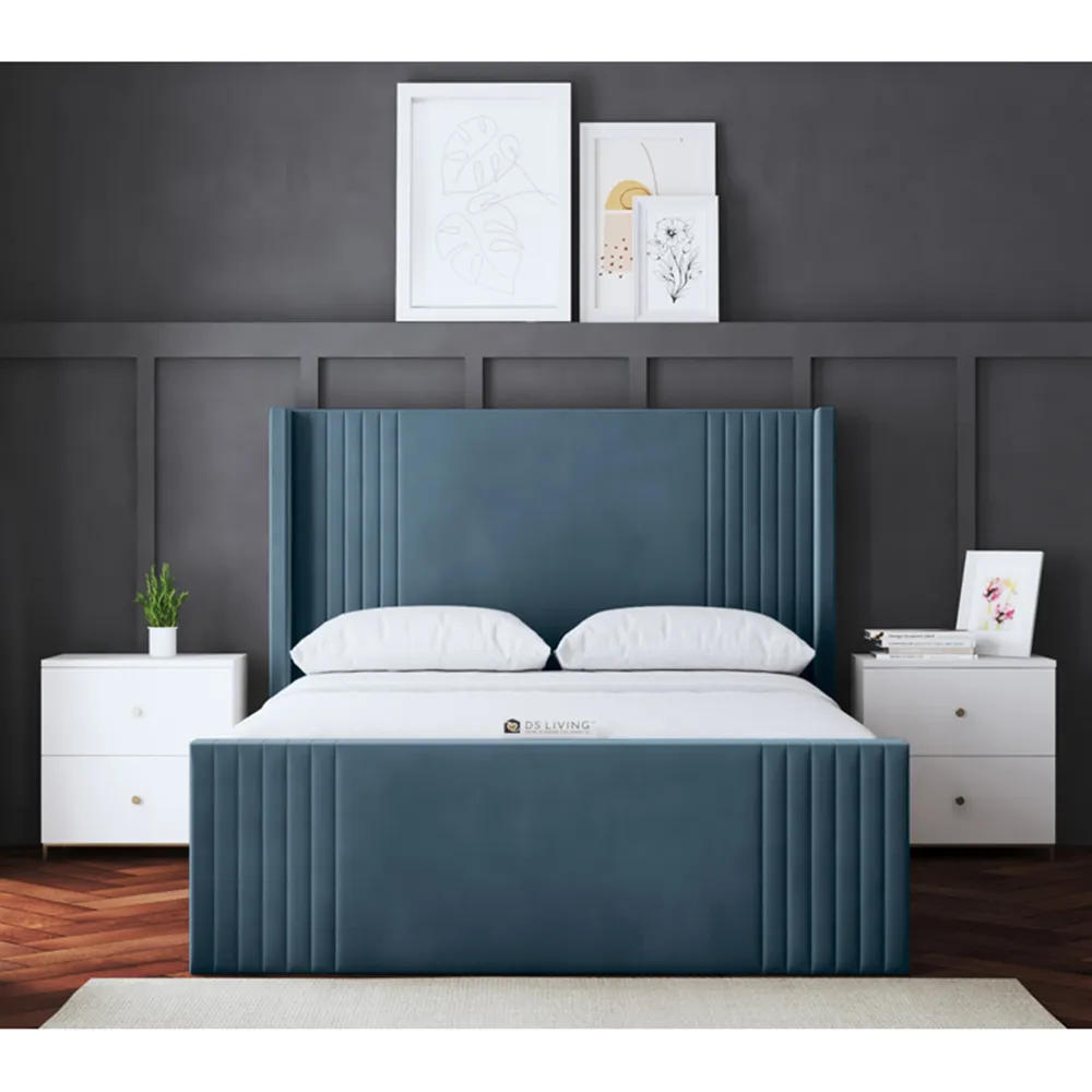 Elara King Size Winged Panel Ottoman Bed - Blue