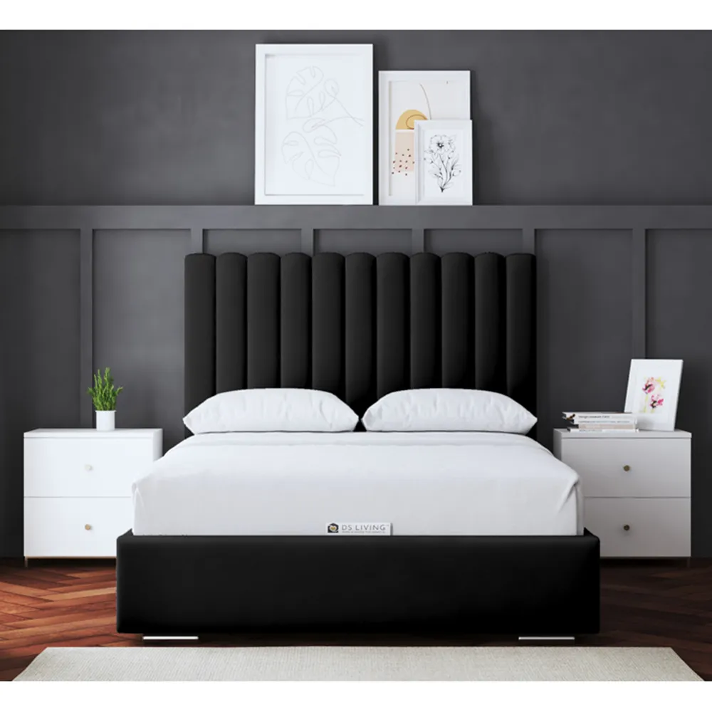 Evangeline King Size Upholstered Bed Frame with Headboard - Black