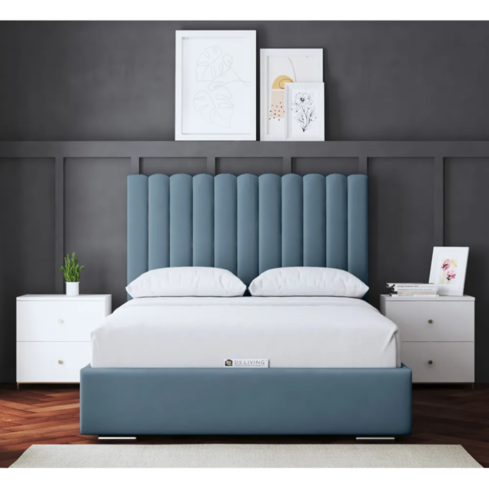 Evangeline King Size Upholstered Bed Frame with Headboard - Blue