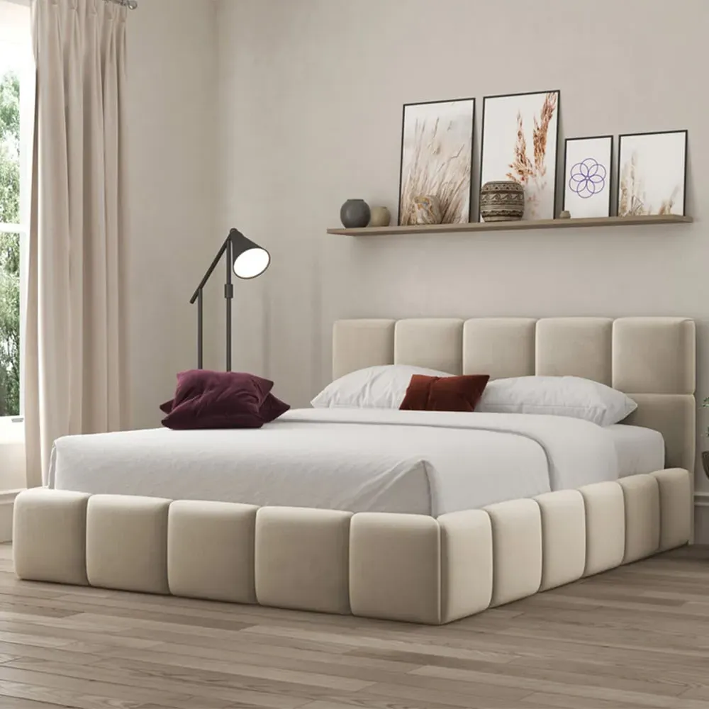 Ovella King Size Cubed Ottoman Bed - Cream, Boucle