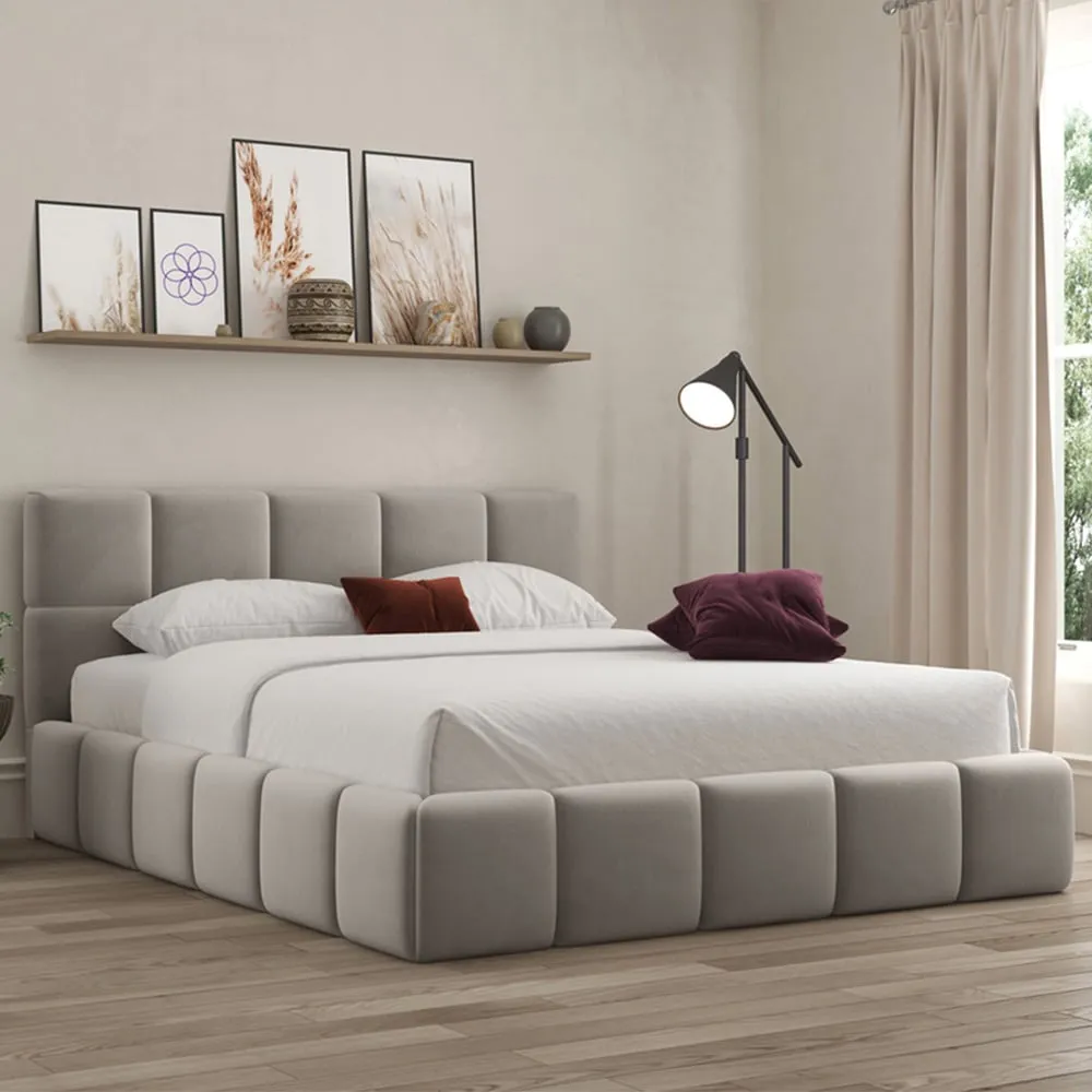 Ovella King Size Cubed Ottoman Bed - Grey, Boucle