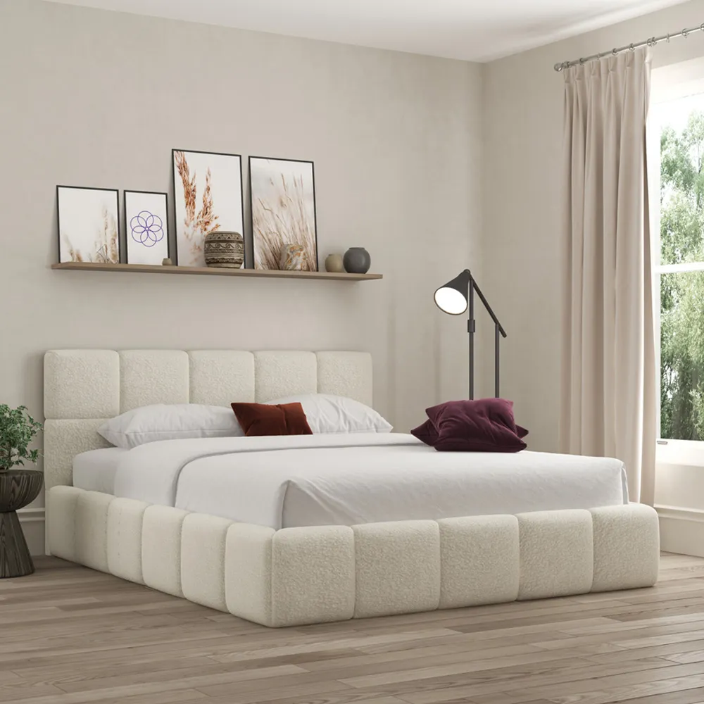 Ovella King Size Cubed Ottoman Bed - Ivory, Boucle