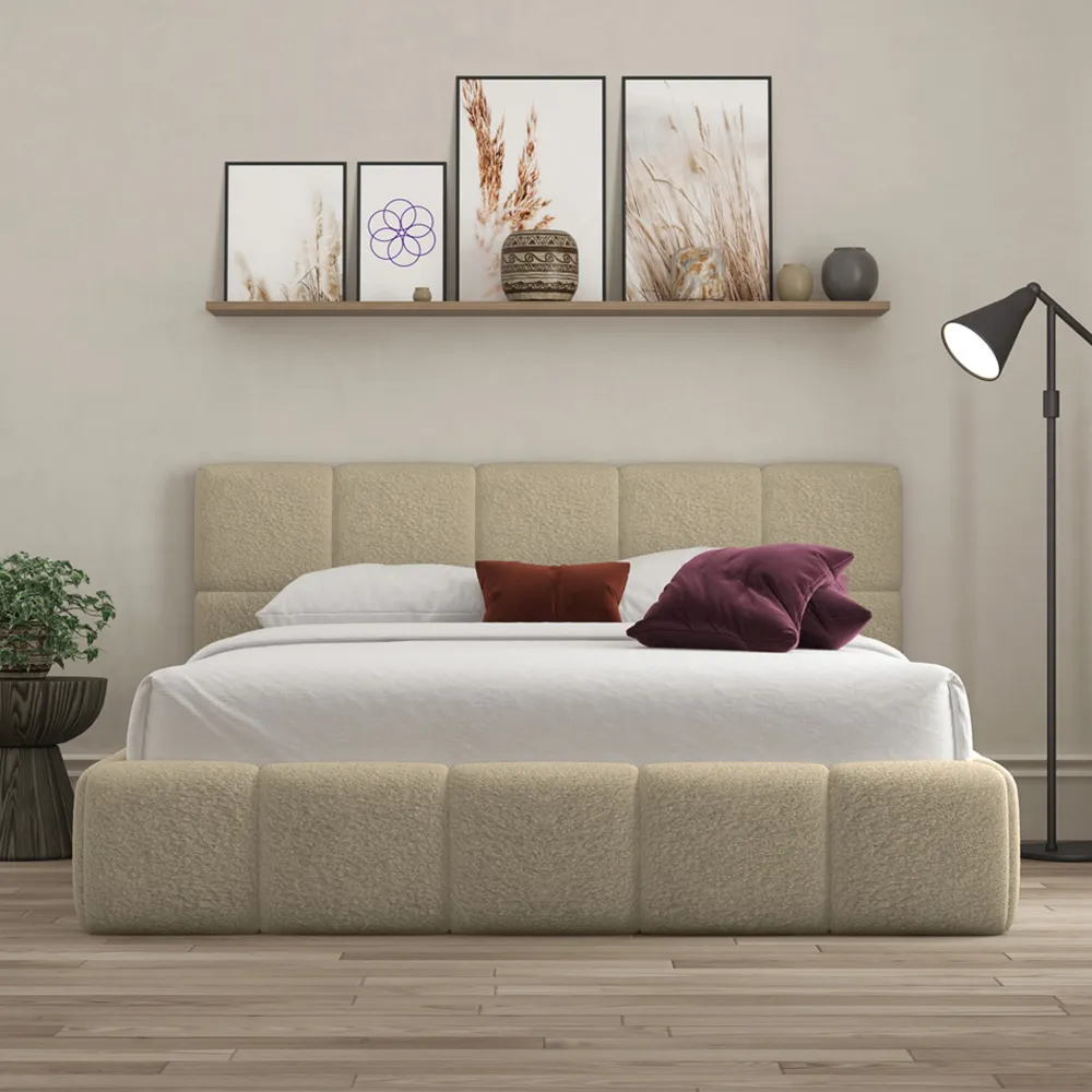 Ovella King Size Cubed Ottoman Bed - Latte, Boucle
