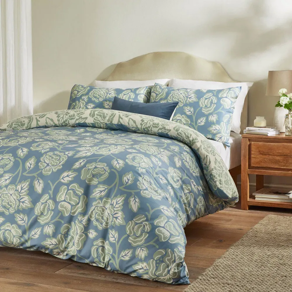 Camellia Double Floral Printed Duvet Set - Blue