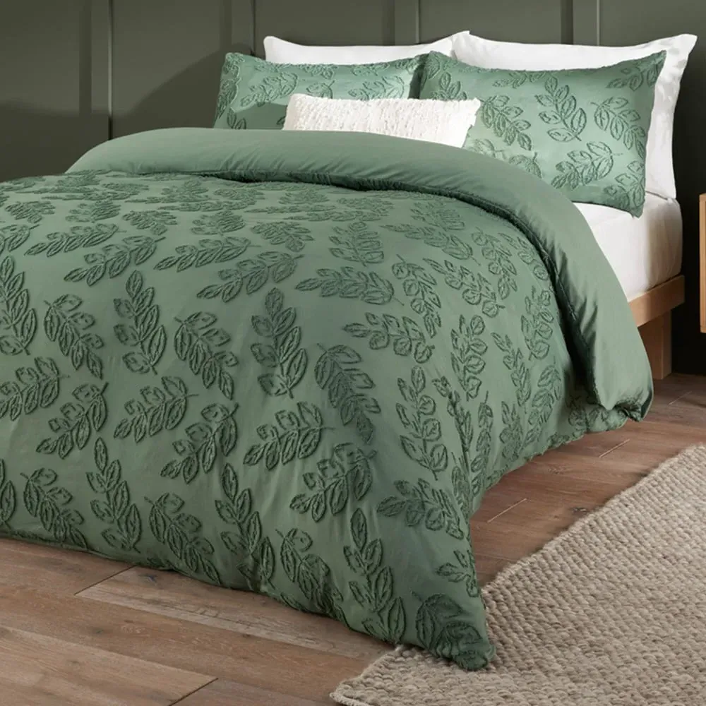 Seville Single Duvet Set with Tufted Leaf Design - Green image