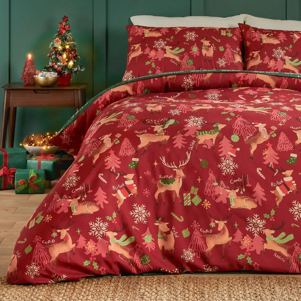 Sleigh Team King Size Reversible Duvet Set - Red