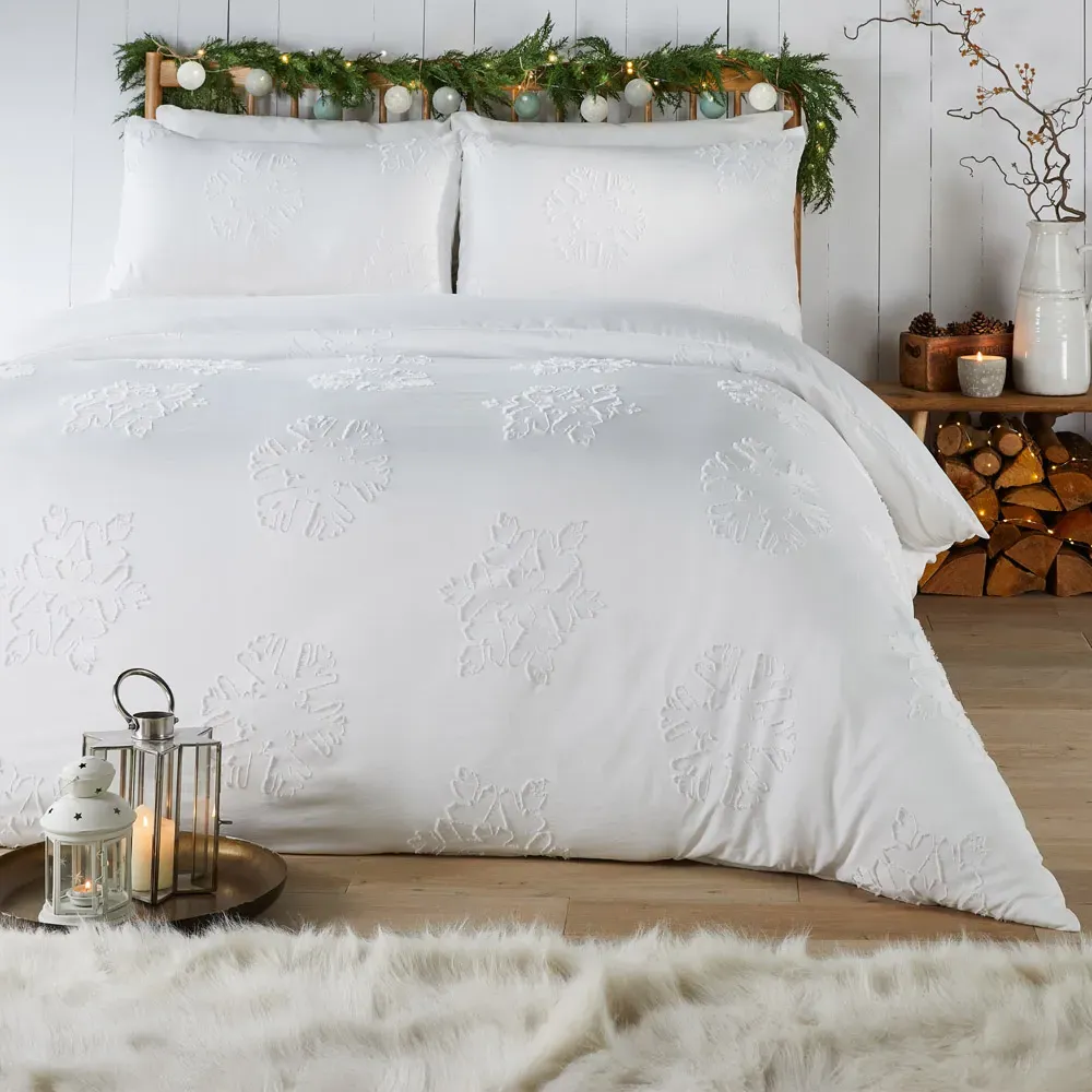 Super King Size Snow Crystal Tufted Duvet Set - White