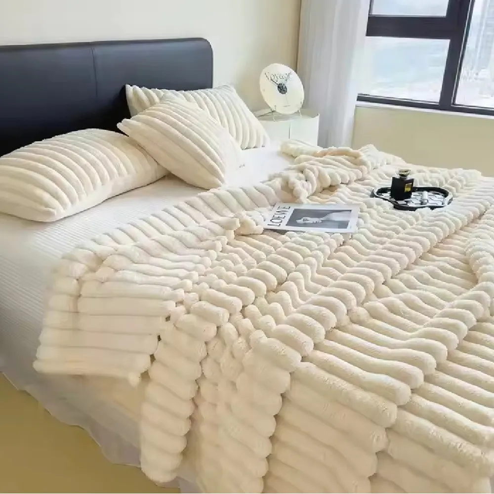 Double Sided Throw Blanket - Cream, Faux Rabbit Fur