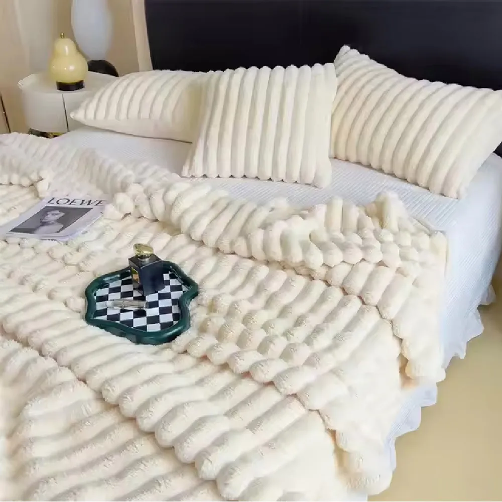 Double Sided Throw Blanket - Cream, Faux Rabbit Fur