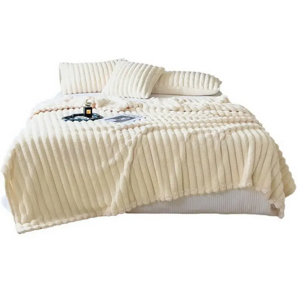 Double Sided Throw Blanket - Cream, Faux Rabbit Fur image