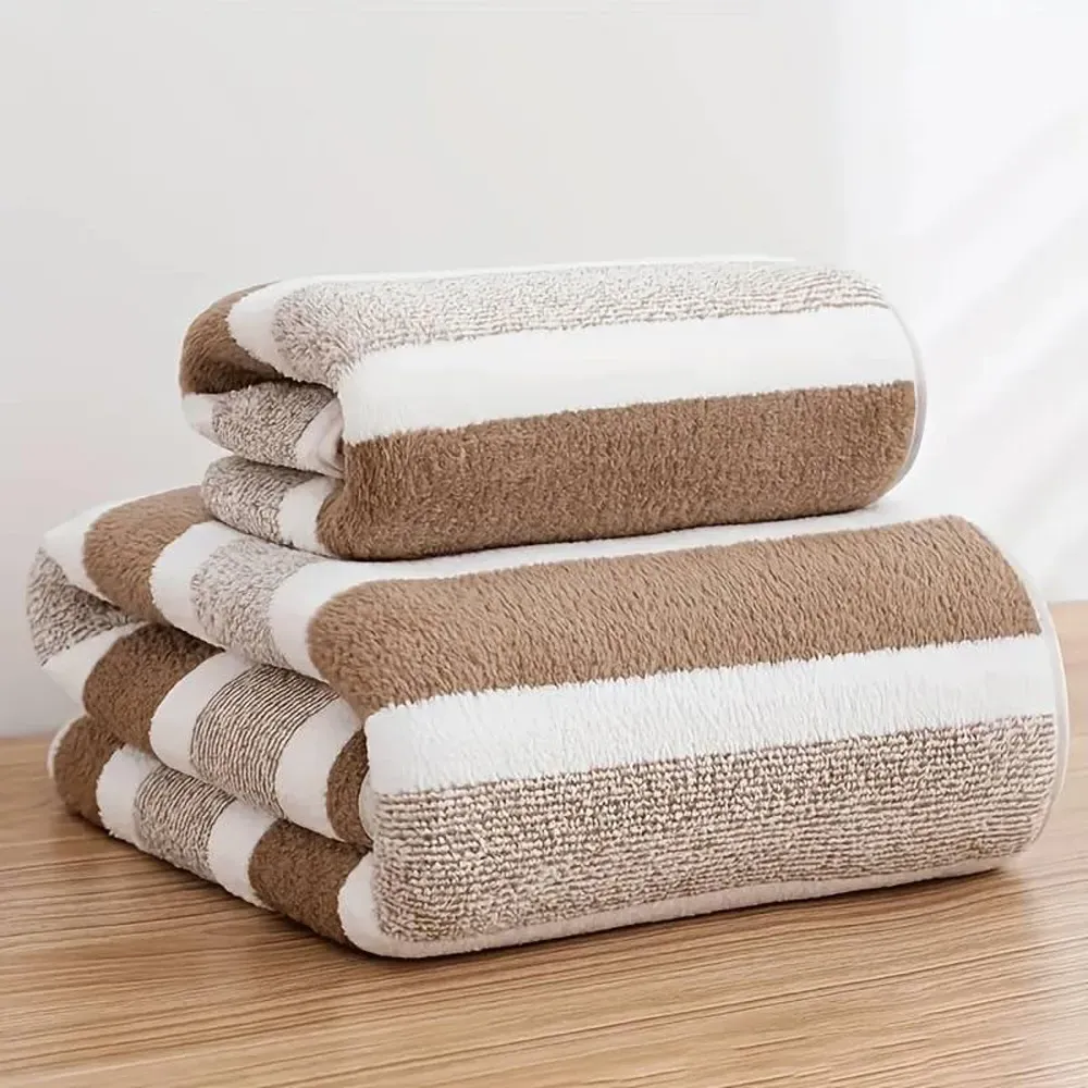 Striped Hand and Bath Towel Set Quick Dry - Brown