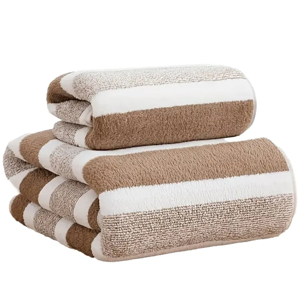 Striped Hand and Bath Towel Set Quick Dry - Brown image