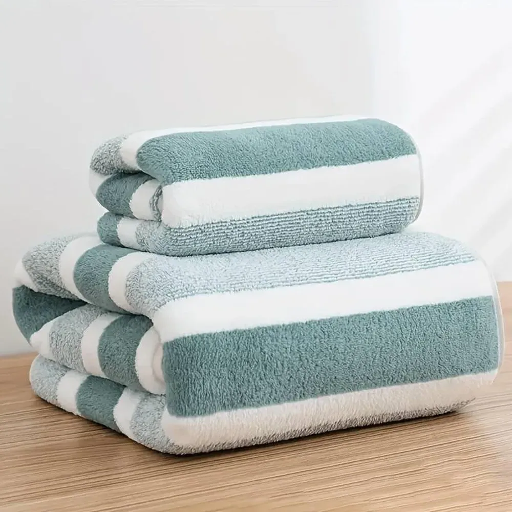 Striped Hand and Bath Towel Set Quick Dry - Green