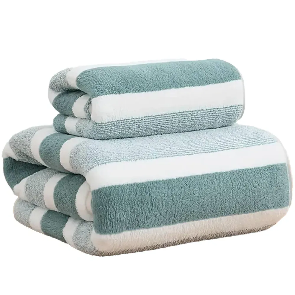 Striped Hand and Bath Towel Set Quick Dry - Green