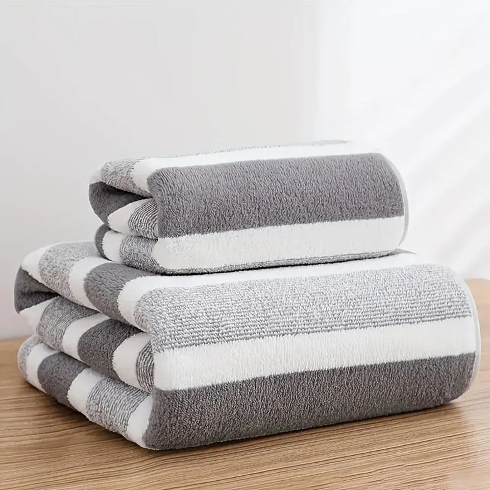 Striped Hand and Bath Towel Set Quick Dry - Grey