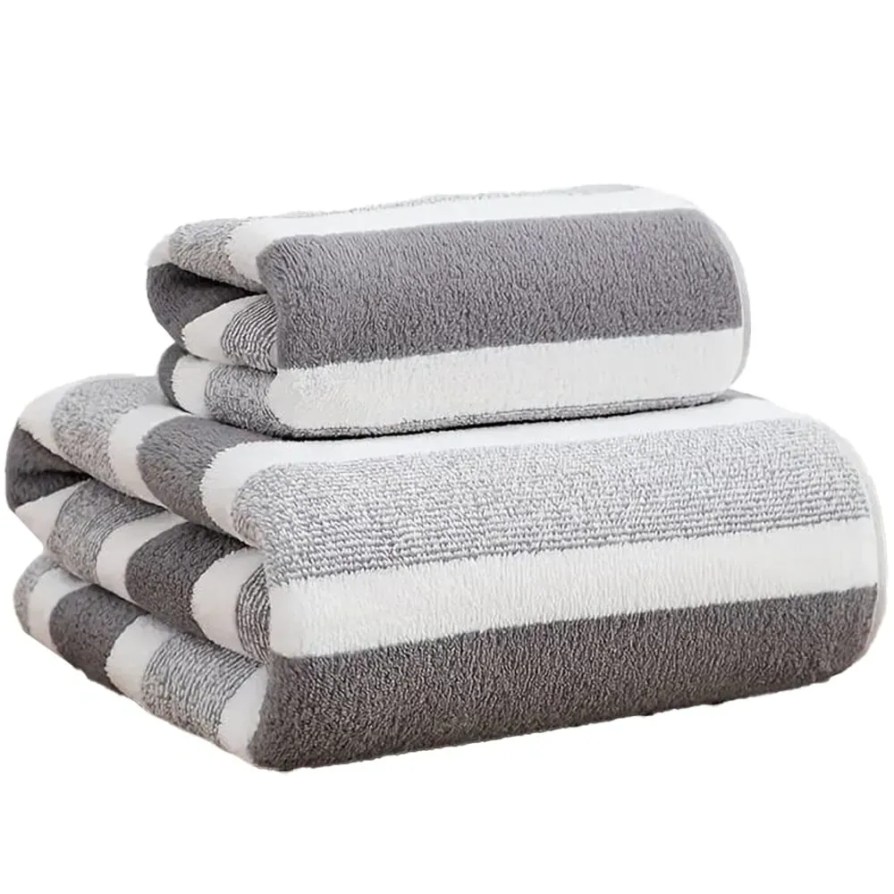 Striped Hand and Bath Towel Set Quick Dry - Grey