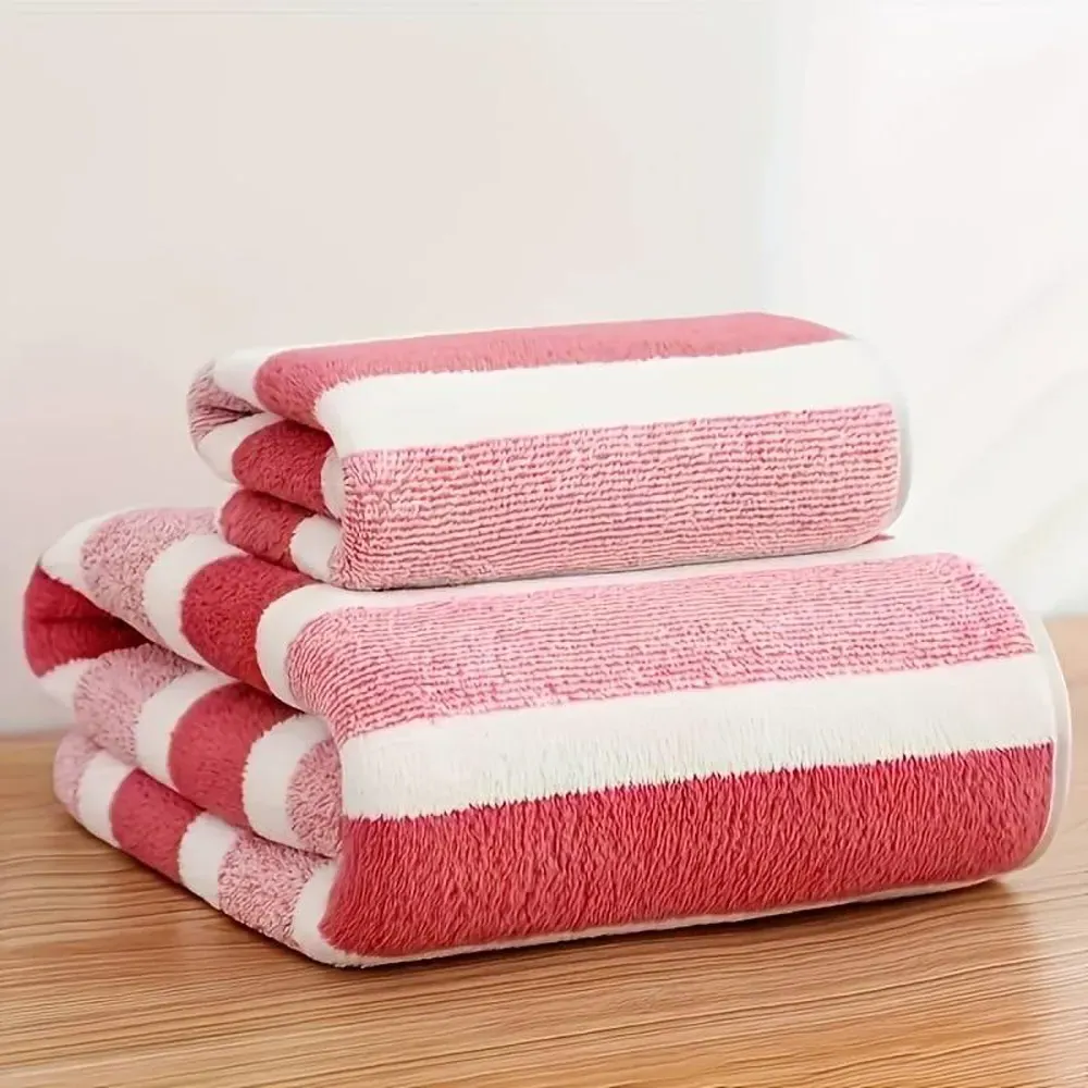 Striped Hand and Bath Towel Set Quick Dry - Pink