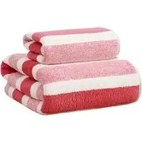 Striped Hand and Bath Towel Set Quick Dry - Pink