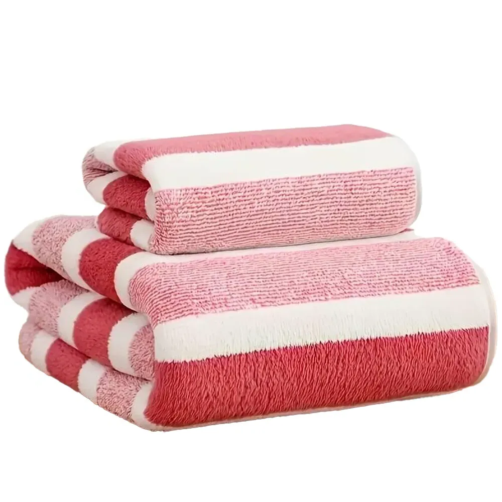 Striped Hand and Bath Towel Set Quick Dry - Pink