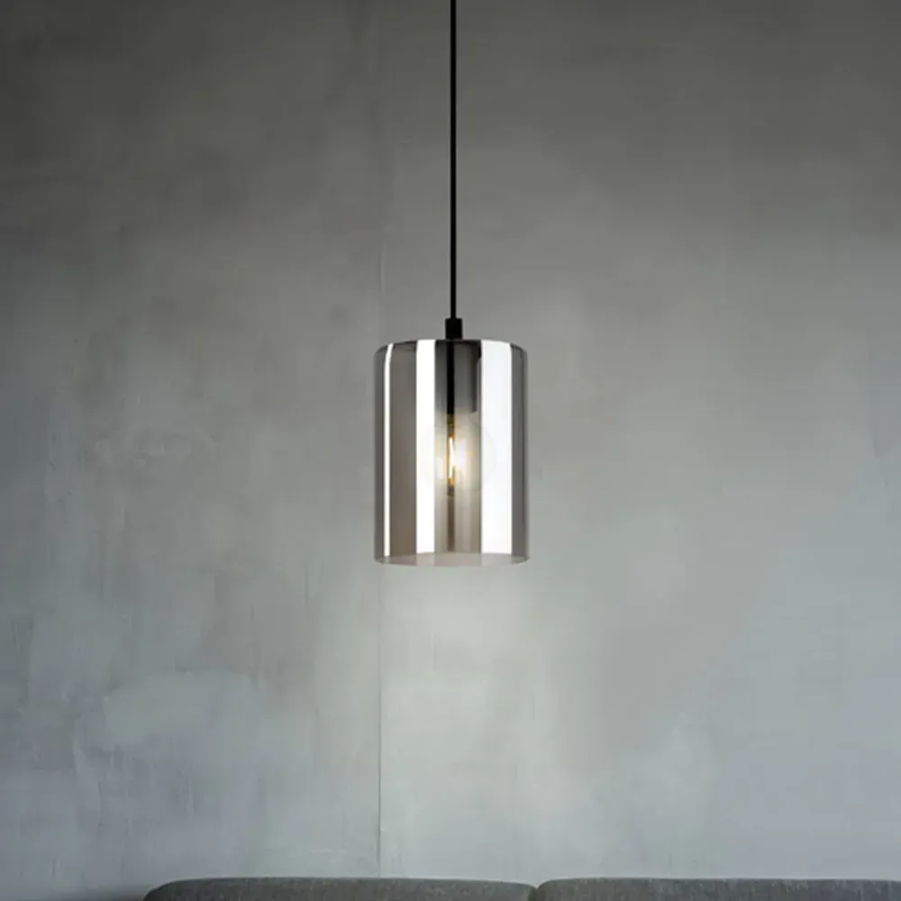Cadaques 1 Cylindrical Pendant Light - Black, Smoked Glass