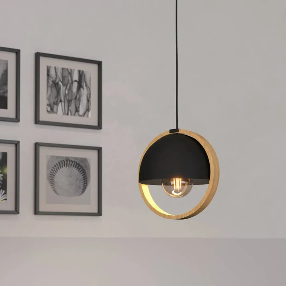 Callow Round Pendant Light - Black, Wood