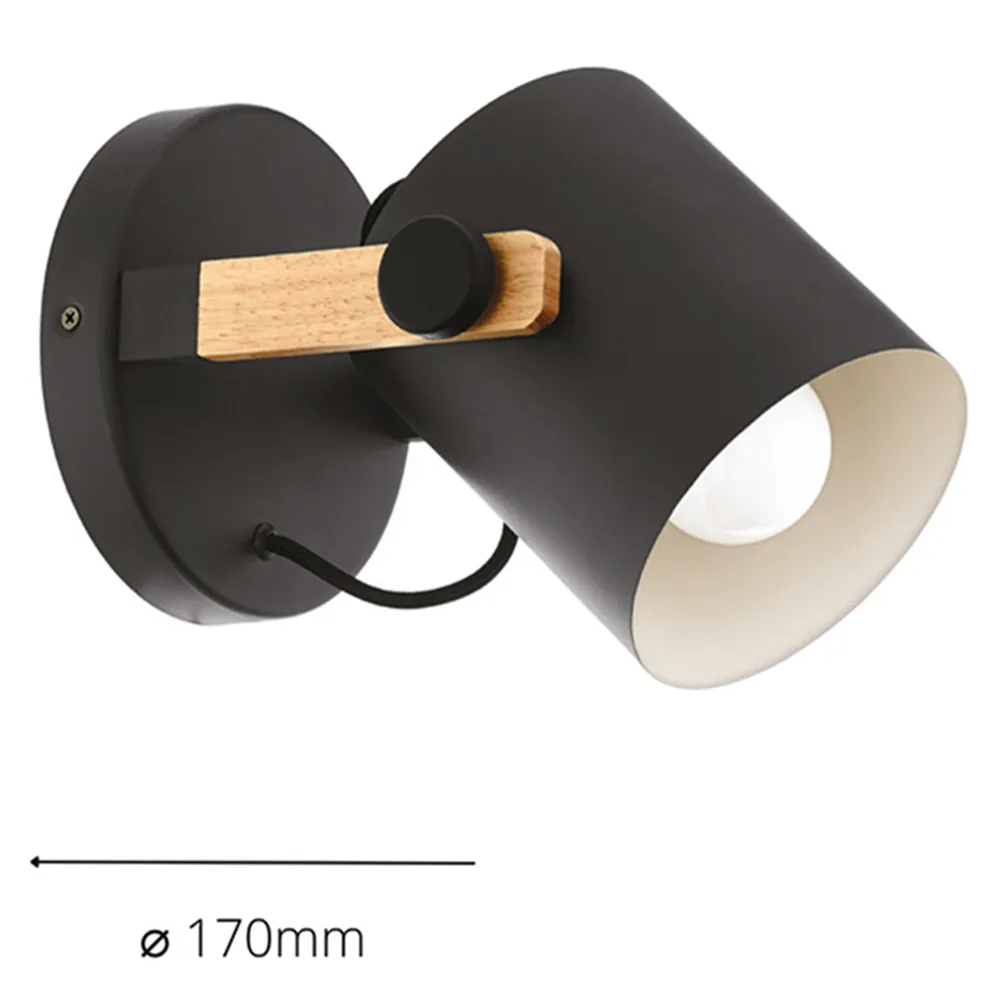 Hornwood Wall Lamp with Pivoting Head - Black, Pinewood