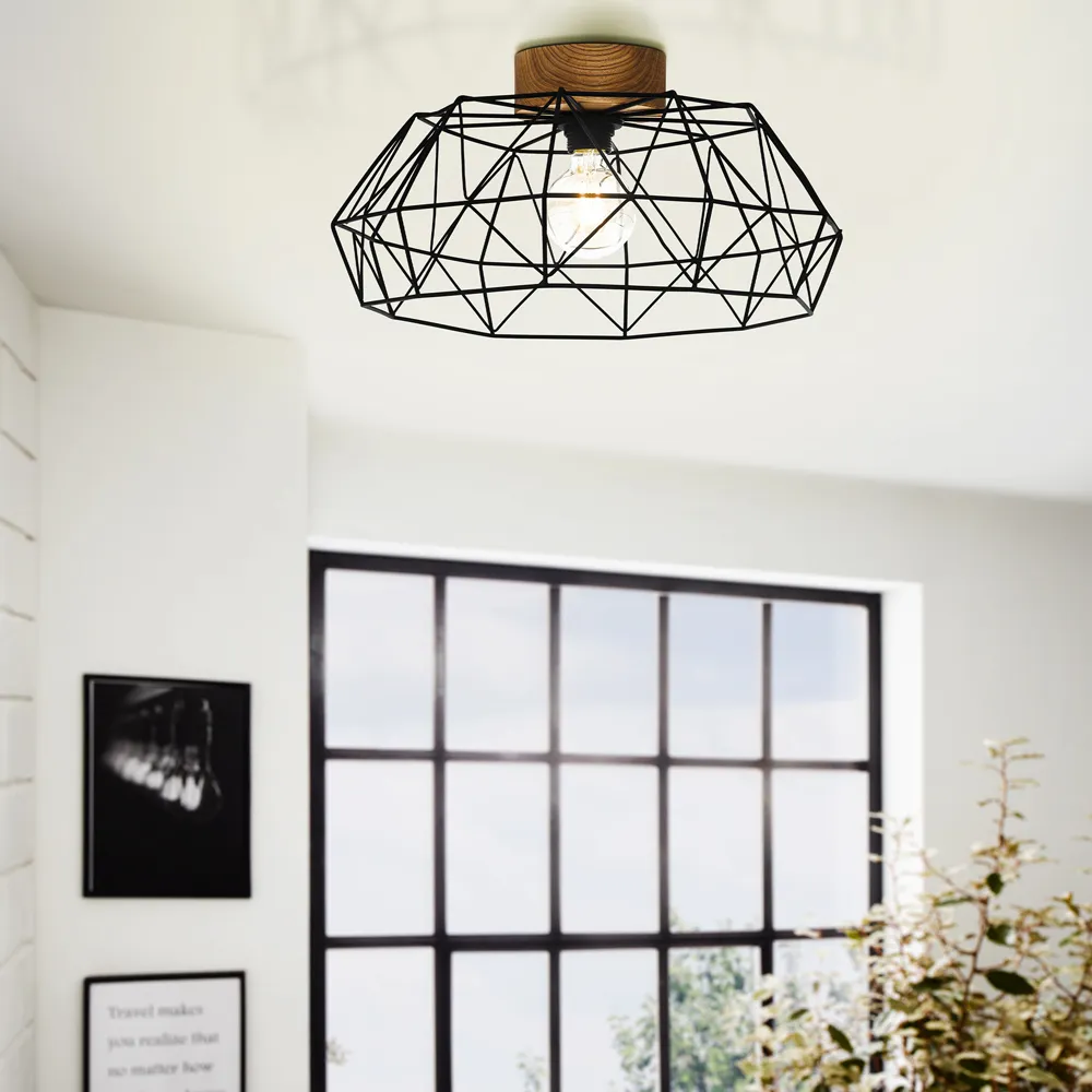 Padstow Geometric Ceiling Light - Black, Wood