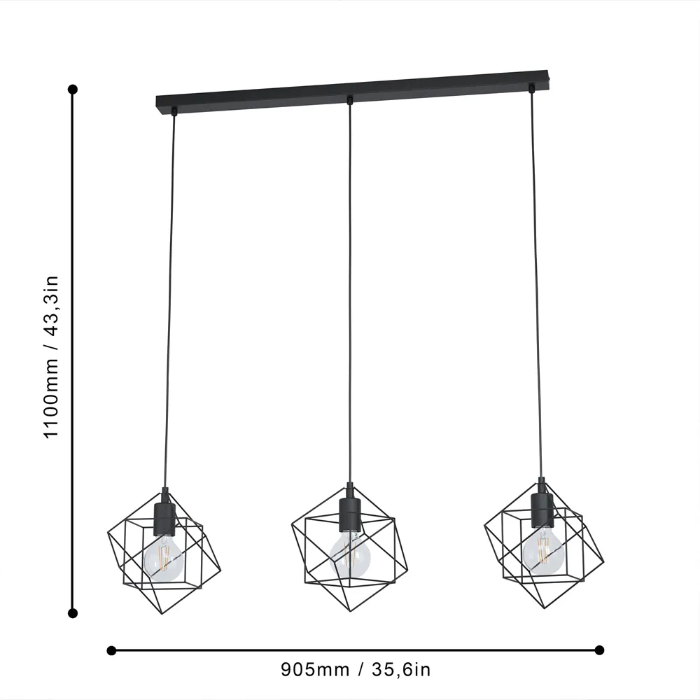 Straiton 3 Light Geometric Pendant Lampshade - Black, Steel