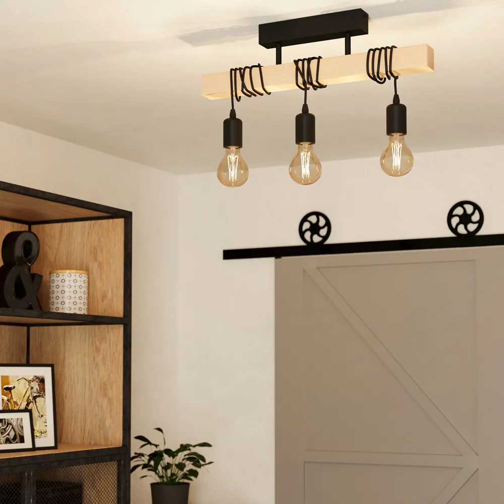 Townshend 3 Light Pendant - Black, Metal and Wood