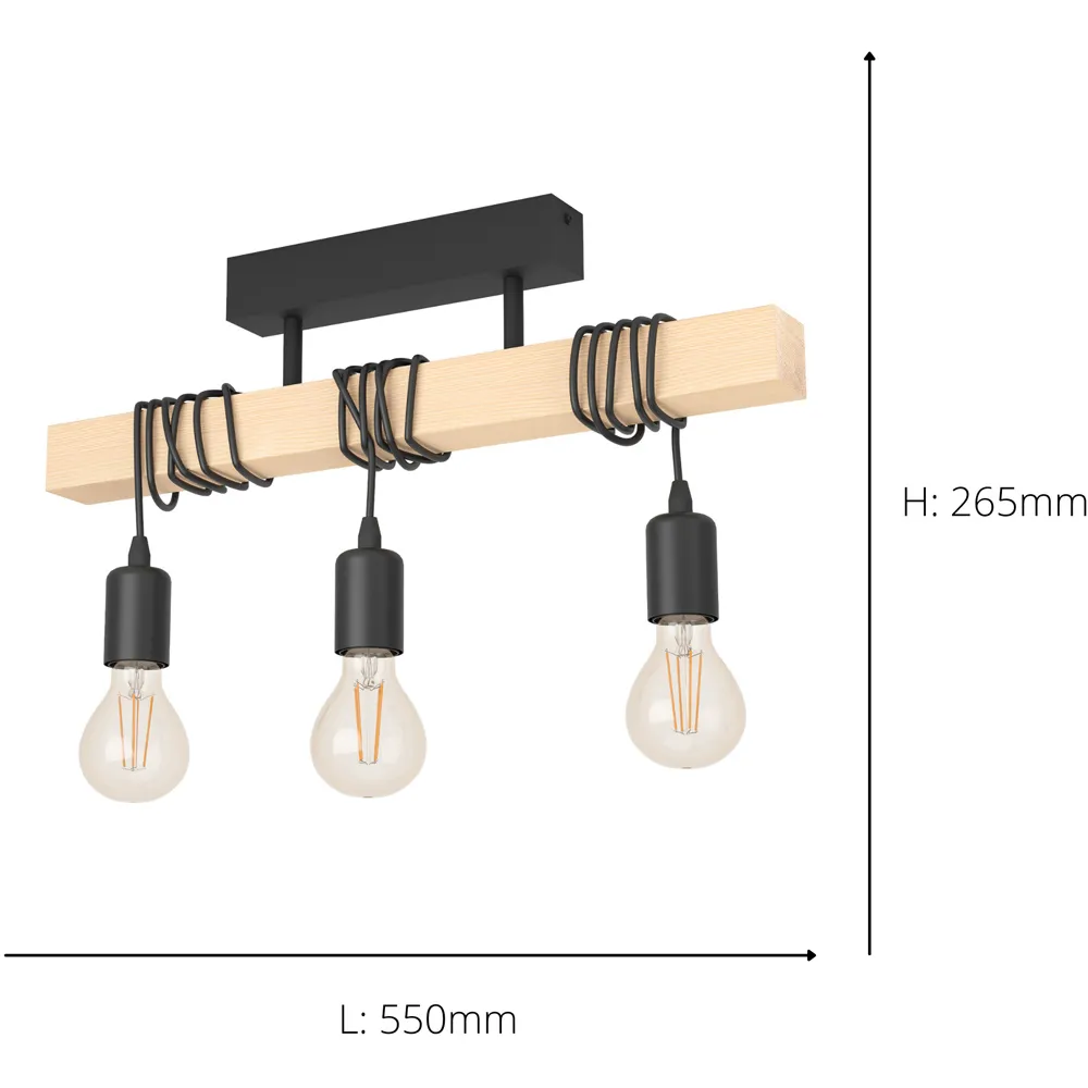 Townshend 3 Light Pendant - Black, Metal and Wood