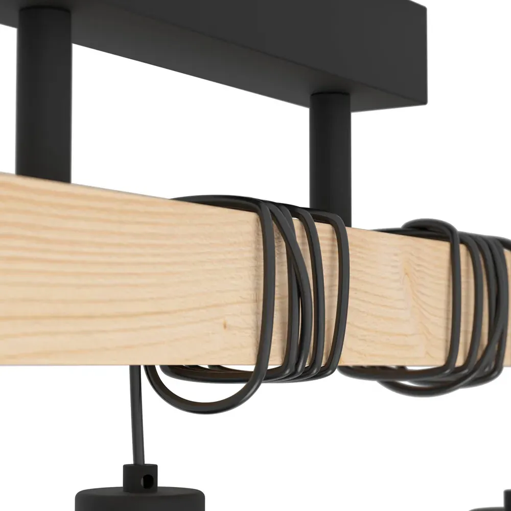 Townshend 5 3 Light Industrial Ceiling Light - Black, Pinewood