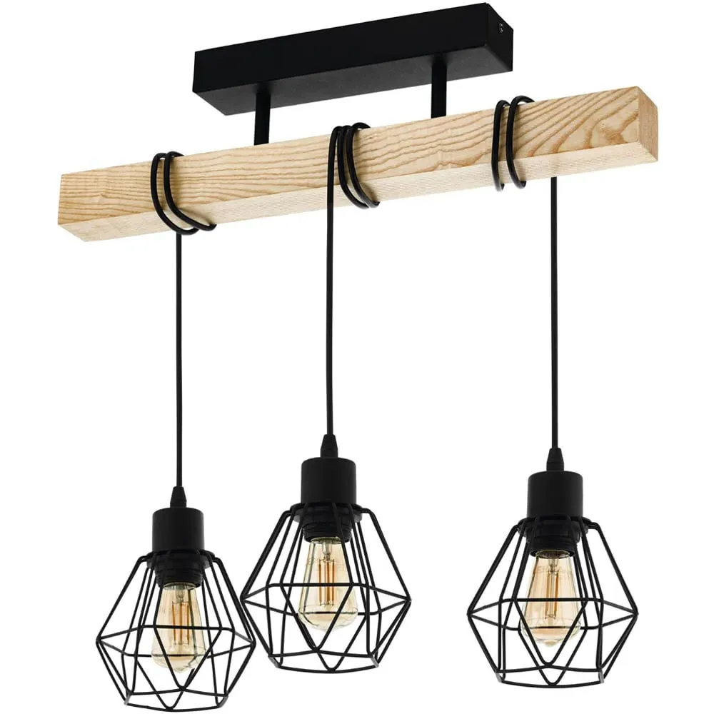Townshend 5 3 Light Industrial Ceiling Light - Black, Pinewood image