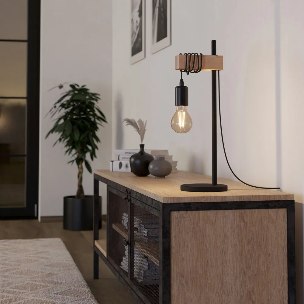 Townshend Single Light Industrial Table Lamp - Black, Wood